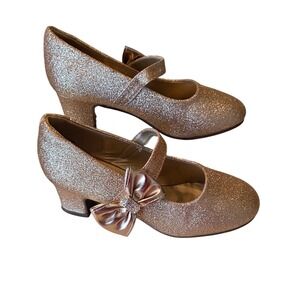 Girls Rose Gold Glitter Holiday  Heels Mary Jane Bow Dress Shoes Size 2